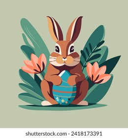 Easter greeting card with a brown rabbit holding an Easter painted egg in plants