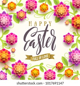 Easter greeting card - Easter brush calligraphy greeting with glitter gold ribbon and  paper flowers background. Vector illustration. 