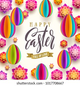 Easter greeting card - Easter brush calligraphy greeting with glitter gold ribbon and  paper flowers and eggs background. Vector illustration. 