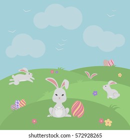 Easter greeting card with bunnies and decorated eggs. Vector illustration