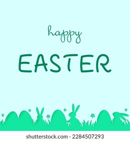 Tarjeta de felicitación de Pascua con conejillos y huevos. Diseño mínimo de corte de papel con texto. Ilustración del vector