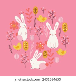 Easter greeting card with bunnies, eggs, chicken, berries, flowers, leaves on pink background. Circle ornament. Perfect for spring and summer holidays