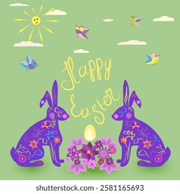 Easter greeting card with Easter bunnies and Easter eggs