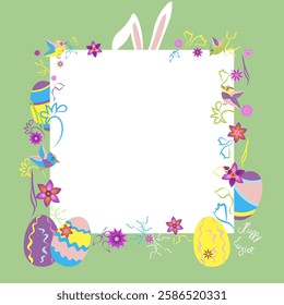Easter greeting card with Easter bunnies and Easter eggs