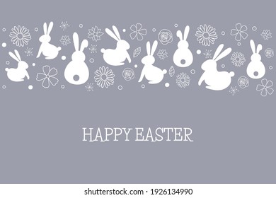 Easter greeting card with bunnies and flowers. Vector