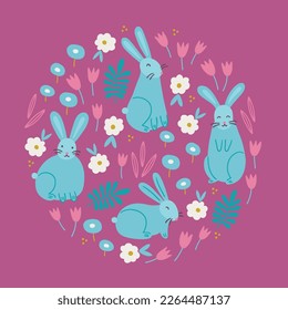 Easter greeting card with bunnies, leaves, flowers, tulips on pink background. Circle ornament. Perfect for seasonal holidays and summer decorations. Vector illustration