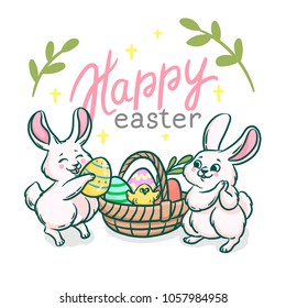 Easter greeting card. Bunny around the basket with eggs and chicken.