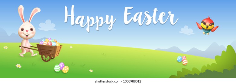 Easter greeting card - bunny carrying cart with decorated eggs on spring landscape - banner vector illustration