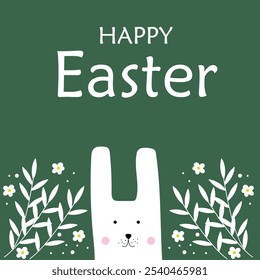 Easter greeting card with bunny. Easter cute rabbit with lettering Happy Easter on green background. vector illustration