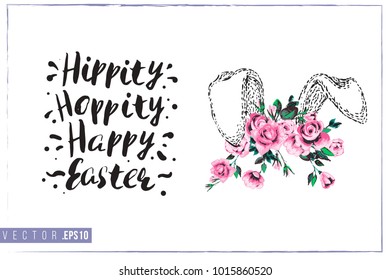 Easter greeting card with bunny ears in roses and text: hippity hoppity happy Easter. Hand drawn illustration with paschal lettering. Spring poster for pre-Easter and post-Easter congratulations.