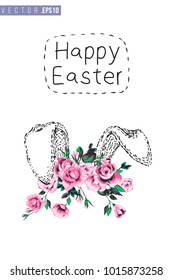 Easter greeting card with bunny ears in roses and text: happy Easter. Hand drawn illustration with paschal lettering. Spring poster for pre-Easter and post-Easter congratulations.