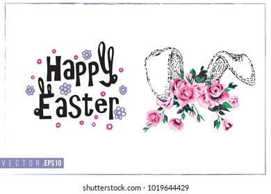 Easter greeting card with bunny ears in roses and text: happy Easter. Hand drawn illustration with paschal lettering. Spring poster for pre-Easter and post-Easter congratulations.