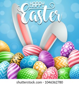 Easter greeting card with bunny ears and colorful eggs on blue background
