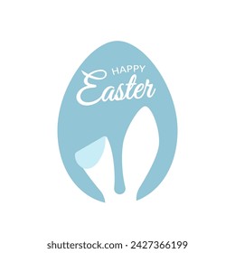 Easter greeting card with bunny ears. Abstract paper cut illustration. Copy space for text. Easter rabbit with lettering Happy Easter on blue background.