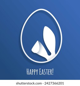 Easter greeting card with bunny ears. Abstract paper cut illustration. Copy space for text. Easter rabbit with lettering Happy Easter on blue background.