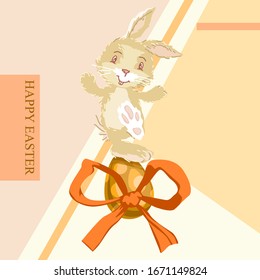 Easter greeting card. Easter bunny. Egg with a bow. Geometric background