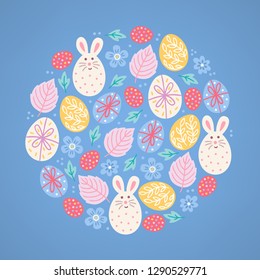 Easter greeting card with bunny, eggs, leaves, flowers on blue background. Circle ornament. Perfect for holiday invitation