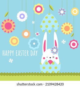 Easter greeting card with Easter bunny, eggs and flowers. Funny, cartoon easter illustration
