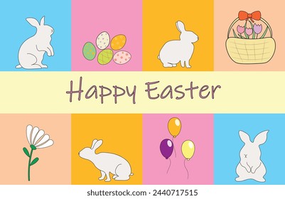 Easter greeting card with bunny, eggs and flowers. 