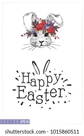 Easter greeting card with bunny with flower wreath and text: happy Easter. Hand drawn illustration with paschal lettering. Spring poster for pre-Easter and post-Easter congratulations.