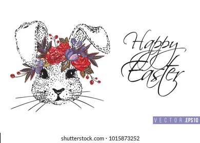 Easter greeting card with bunny with flower wreath and text: happy Easter. Hand drawn illustration with paschal lettering. Spring poster for pre-Easter and post-Easter congratulations.