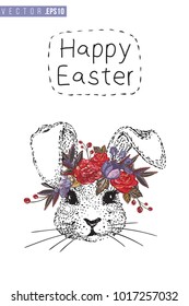 Easter greeting card with bunny with flower wreath and text: happy Easter. Hand drawn illustration with paschal lettering. Spring poster for pre-Easter and post-Easter congratulations.