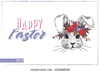 Easter greeting card with bunny with flower wreath and text: happy Easter. Hand drawn illustration with paschal lettering. Spring poster for pre-Easter and post-Easter congratulations.