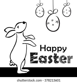 Easter greeting card with Easter bunny and hanging egg, vector illustration