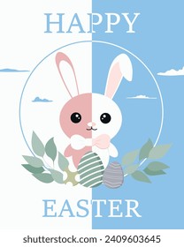 easter greeting card with bunny. Happy Easter. Cute rabbit for Easter. Bunny ears and Easter eggs. Vector illustration. Greeting card. Bunny in the egg