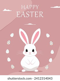 easter greeting card with bunny. Happy Easter. Cute rabbit for Easter. Bunny ears and Easter eggs. Vector illustration. Greeting card. Bunny in the egg