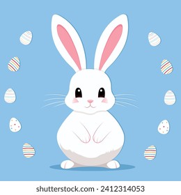 easter greeting card with bunny. Happy Easter. Cute rabbit for Easter. Bunny ears and Easter eggs. Vector illustration. Greeting card. Bunny in the egg