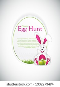 Easter greeting card with bunny hugged green eggs.Easter egg hunt vector illustration
