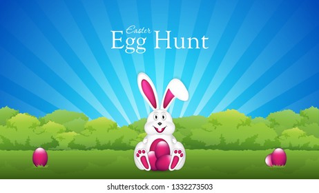 Easter greeting card with bunny hugged pink eggs.Easter egg hunt vector illustration