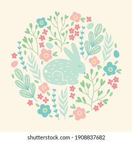 Easter greeting card with bunny, leaves, flowers and branches on white background. Circle floral ornament. Perfect for spring holidays. Vector illustration