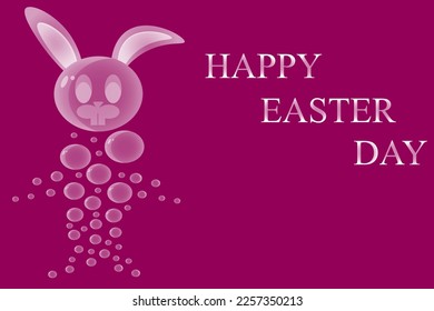 Easter greeting card with bunny made of water droplets and inscription Happy easter day. Creative rabbit made of bubbles with copy space. Holiday poster with hare. Marketing material.