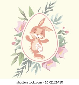 Easter greeting card. Easter bunny. Plants around the egg