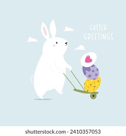 Easter greeting card with a bunny, rabbit walking with cart full of holiday eggs. Vector illustration with cute animal in a flat style