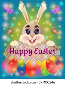 Easter greeting card with bunny rabbit. Lettering. Vector illustration.
