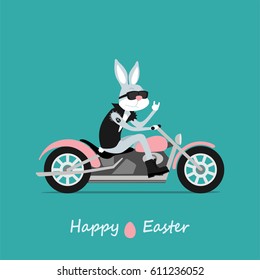 Tarjeta de felicitación de Pascua. Un rockero de la Semana Santa Bunny en la motocicleta. Inscripción Feliz Pascua. Ilustración del vector