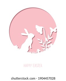 Easter greeting card with bunny silhouette and flowers. Template for laser cut with easter rabbit inside paper circle.