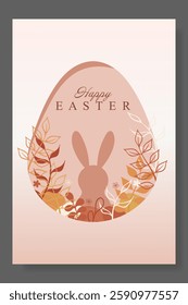 Easter greeting card with a bunny silhouette inside a beige egg, decorated with floral patterns. A stylish and minimalistic holiday composition