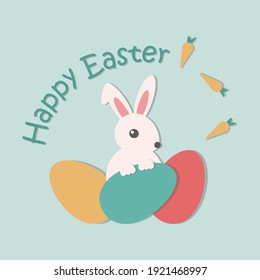 Easter greeting card. Bunny sitting behind the eggs. 