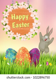 Easter greeting card with a bunny. Vector illustration.