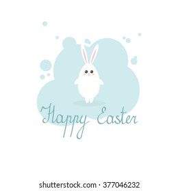 Easter greeting card with easter bunny. Vector illustration. Hand drawing lettering. 