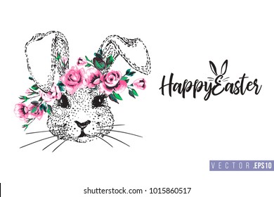 Easter greeting card with bunny with wreath and text: happy Easter. Hand drawn illustration with paschal lettering. Spring poster for pre-Easter and post-Easter congratulations.