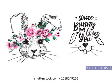 Easter greeting card with bunny with wreath and text: some bunny loves you. Hand drawn illustration with paschal lettering. Spring poster for pre-Easter and post-Easter congratulations.