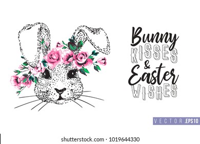 Easter greeting card with bunny with wreath and text: bunny kisses Easter wishes. Hand drawn illustration with paschal lettering. Spring poster for pre-Easter and post-Easter congratulations.