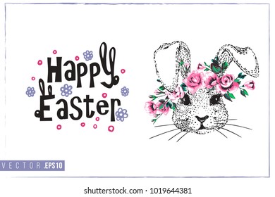Easter greeting card with bunny with wreath and text: happy Easter. Hand drawn illustration with paschal lettering. Spring poster for pre-Easter and post-Easter congratulations.