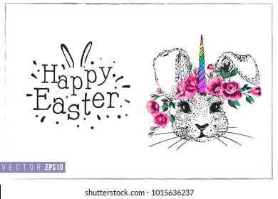 Easter greeting card with bunnycorn (bunnny unicorn) and text: happy Easter. Hand drawn illustration with paschal lettering. Spring poster for pre-Easter and post-Easter congratulations.