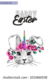 Easter greeting card with bunnycorn (bunnny unicorn) and text: happy Easter. Hand drawn illustration with paschal lettering. Spring poster for pre-Easter and post-Easter congratulations.